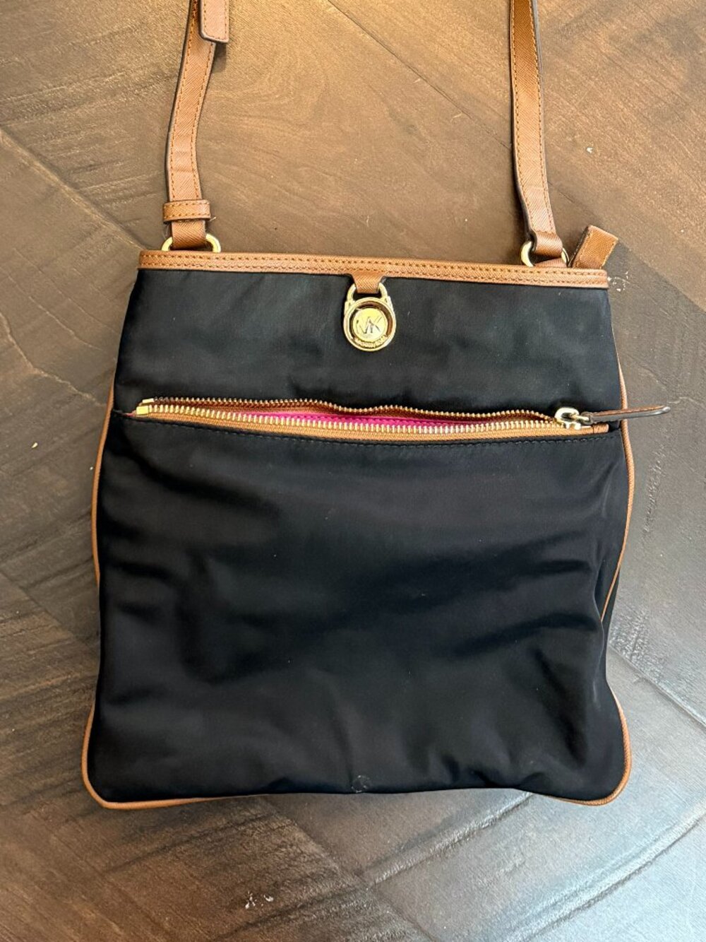 Michael Kors Kempton Black Nylon Crossbody Bag – Tan Leather Trim